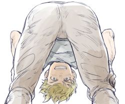 Rule 34 | 10s, 1boy, ass, blonde hair, blue eyes, contemporary, denim, granblue fantasy, grin, hands on own knees, jeans, looking at viewer, looking through own legs, male focus, pants, simple background, smile, solo, tori (driftwood), upside-down, vane (granblue fantasy), white background