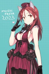 Rule 34 | 1girl, animal ears, black gloves, brown eyes, commentary request, dress, garrison cap, gloves, green background, hat, long hair, looking at viewer, minna-dietlinde wilcke, polka dot, polka dot background, red dress, red hair, shimada fumikane, sleeveless, sleeveless dress, solo, strike witches, wolf ears, world witches series