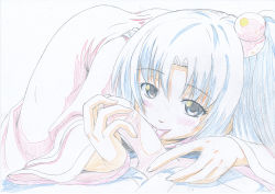 Rule 34 | 1girl, blue eyes, blue hair, blush, colored pencil (medium), dress, fellatio, girl on top, graphite (medium), hair bobbles, hair ornament, highres, licking, long hair, looking at viewer, oral, penis, pov, sachishiro pengin, shinki (touhou), side ponytail, smile, solo focus, tongue, touhou, touhou (pc-98), traditional media, uncensored