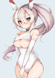 Rule 34 | 1girl, alternate breast size, areola slip, ayanami (azur lane), azur lane, bad id, bad pixiv id, bandaid, bandaid on arm, bare shoulders, blue background, blush, breasts, character name, choker, closed mouth, clothing cutout, cowboy shot, detached sleeves, hair between eyes, headgear, highres, large breasts, leotard, long hair, looking at viewer, purerin, red eyes, silver hair, simple background, solo, tagme, thigh gap, underboob, underboob cutout, white leotard