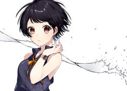 Rule 34 | 1girl, absurdres, bare shoulders, black hair, blush, earrings, hand up, highres, jewelry, klasse14, looking at viewer, neck ribbon, orange ribbon, parted lips, red eyes, ribbon, shirt, sleeveless, sleeveless shirt, sogawa, solo, upper body, watch, white background, wristwatch