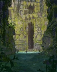 Rule 34 | 1boy, buddha, commentary, entrance, from behind, hayapi (sinsin08051), highres, nature, original, plant, ruins, scenery, solo, stairs, standing, statue, very wide shot, vines, wading, water