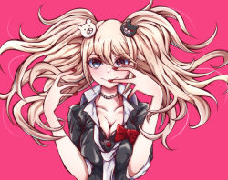 Rule 34 | 1girl, bear hair ornament, black bra, blonde hair, blue eyes, bow, bra, breasts, cat earthen pot, cleavage, closed mouth, collarbone, danganronpa: trigger happy havoc, danganronpa (series), enoshima junko, hair between eyes, hair ornament, large breasts, long hair, looking at viewer, nail polish, necktie, pink background, red bow, red nails, shirt, simple background, smile, solo, twintails, underwear, upper body
