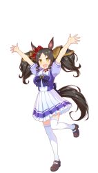 Rule 34 | + +, 1girl, :d, animal ears, arms up, black hair, bow, bowtie, brown footwear, fang, frilled skirt, frills, full body, hair ornament, hair scrunchie, highres, horse ears, horse girl, horse tail, horseshoe ornament, leg up, looking at viewer, marvelous sunday (umamusume), miniskirt, official art, open mouth, orange eyes, pleated skirt, puffy short sleeves, puffy sleeves, purple bow, purple bowtie, purple serafuku, purple shirt, red scrunchie, sailor collar, sailor shirt, school uniform, scrunchie, serafuku, shirt, short sleeves, skin fang, skirt, smile, solo, standing, summer uniform, tachi-e, tail, thighhighs, tracen school uniform, transparent background, twintails, umamusume, white bow, white skirt, white thighhighs, zettai ryouiki