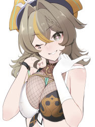 Rule 34 | 1girl, :d, bikini, breasts, breasts squeezed together, brown hair, cleavage, fishnets, gloves, grey eyes, grin, hat, highres, honkai (series), honkai impact 3rd, large breasts, long hair, looking at viewer, one eye closed, open mouth, pirate hat, simple background, single glove, smile, solo, swimsuit, teeth, upper body, ura (hamburg oniku), vill-v, white background