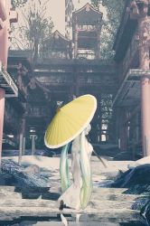 Rule 34 | 1girl, 3d, absurdres, aqua hair, architecture, blender (medium), building, commentary, dappled sunlight, day, east asian architecture, from behind, full body, hatsune miku, highres, holding, holding umbrella, houtei9, japanese clothes, kimono, long hair, oil-paper umbrella, outdoors, reflection, scenery, solo, standing, sunlight, tree, twintails, umbrella, very long hair, vocaloid, white kimono, wide shot, yuki miku, yuki miku (2013)