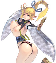 Rule 34 | 1girl, antenna hair, ass, ass cutout, black panties, blonde hair, blue bow, blue eyes, bouncing breasts, bow, breasts, breasts out, butt crack, clothing cutout, corset, cowboy shot, curvy, detached sleeves, elf, gun, handgun, high ponytail, highres, holding, holding gun, holding weapon, kouno (masao), large breasts, long hair, looking at viewer, looking back, nipples, no bra, original, panties, pointy ears, ponytail, ponytail holder, revealing clothes, revolver, simple background, smile, solo, underbust, underwear, weapon, white background, wide sleeves