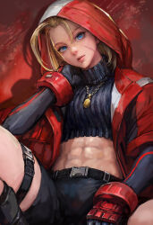 Rule 34 | abs, belt, black shorts, blonde hair, blue eyes, cammy white, closed mouth, crop top, facial scar, highres, hood, hooded jacket, jacket, looking at viewer, miche, midriff, official alternate costume, penis, ribbed sweater, scar, scar on cheek, scar on face, shorts, street fighter, street fighter 6, sweater, toned