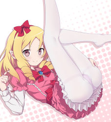 Rule 34 | 10s, 1girl, ass, blonde hair, blush, bow, bowtie, brooch, caibao return, cameltoe, closed mouth, dress, drill hair, eromanga sensei, feet, frilled dress, frills, twirling hair, hairband, halftone, halftone background, hand on own thigh, highres, jewelry, legs up, long hair, lying, no shoes, on back, panties, panties under pantyhose, pantyhose, parted bangs, pink dress, pink panties, pointy ears, puffy short sleeves, puffy sleeves, red bow, red bowtie, red hairband, short dress, short sleeves, smile, solo, tareme, thighs, twin drills, underwear, upskirt, white pantyhose, yamada elf