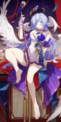 Rule 34 | 1girl, absurdres, bare legs, bare shoulders, barefoot, bead bracelet, beads, blue choker, blue eyes, blue hair, bracelet, breasts, choker, cleavage, commentary, detached sleeves, dress, facial mark, feet, gloves, halo, head wings, highres, holding, honkai: star rail, honkai (series), idol, jewel under eye, jewelry, legs, long hair, looking at viewer, luai, microphone, microphone stand, musical note ornament, parted lips, purple dress, purple sleeves, robin (honkai: star rail), sitting, small breasts, solo, strapless, strapless dress, thighs, toes, two-tone dress, very long hair, white dress, white gloves, white wings, wings