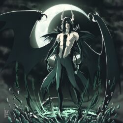 Rule 34 | 1boy, 2010, anhellica, arrancar, artist name, aura, bad deviantart id, bad id, bat wings, black fur, black hair, black wings, bleach, claws, closed mouth, cloud, cloudy sky, colored extremities, crack, cracked floor, crescent moon, dated, demon boy, demon horns, demon tail, demon wings, facial mark, full body, green eyes, highres, horns, looking at viewer, male focus, moon, night, night sky, pectorals, ribs, rubble, sky, tail, topless male, ulquiorra cifer, wings