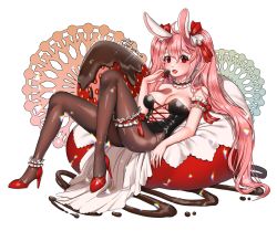 Rule 34 | 1girl, ahoge, animal ears, artist name, bad id, bad pixiv id, bare shoulders, breasts, rabbit ears, chocolate, chocolate covered, choker, dated, doily, eating, food, fruit, high heels, highres, long hair, lying, medium breasts, navel, on back, open mouth, pantyhose, pink hair, red eyes, red footwear, solo, sparkle, strawberry, tacco (tikeworld), twintails, very long hair