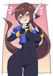 Rule 34 | 1girl, absurdres, aile (mega man zx), black bodysuit, blue jacket, blush, bodysuit, breasts, brown hair, buzzlyears, flying sweatdrops, green eyes, highres, jacket, large breasts, long hair, looking at viewer, mega man (series), mega man zx, mega man zx advent, open clothes, open jacket, solo