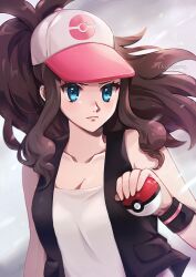 Rule 34 | 1girl, aqua eyes, artist name, baseball cap, black vest, black wristband, breasts, cleavage, closed mouth, collarbone, commentary request, creatures (company), donutous, eyelashes, game freak, grey background, hand up, hat, high ponytail, highres, hilda (pokemon), holding, holding poke ball, medium breasts, nintendo, open clothes, open vest, poke ball, poke ball (basic), poke ball print, pokemon, pokemon bw, shirt, sidelocks, solo, upper body, vest, white hat, white shirt
