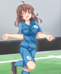 Rule 34 | 1girl, ;d, ahoge, artist request, blush, breasts, brown hair, heavy breathing, highres, impossible clothes, impossible shirt, medium breasts, one eye closed, open mouth, shirt, smile, soccer uniform, solo, sportswear, w arms, wink