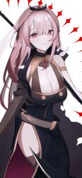Rule 34 | 1girl, absurdres, black dress, black tiara, blunt bangs, blush, bow choker, breasts, cleavage, detached sleeves, dress, highres, holding, holding scythe, hololive, hololive english, large breasts, long hair, looking at viewer, mori calliope, mori calliope (1st costume), mukana meme, pink eyes, pink hair, red eyes, scythe, shoulder spikes, single detached sleeve, single thighhigh, spiked cape, spikes, thighhighs, thighs, tiara, veil, virtual youtuber