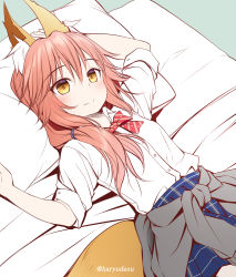 Rule 34 | 1girl, aged down, animal ear fluff, animal ears, arm up, blue skirt, blush, bow, breasts, brown eyes, closed mouth, clothes around waist, collared shirt, commentary request, diagonal stripes, dress shirt, fate/extra, fate (series), fox ears, fox girl, fox tail, hair between eyes, hand up, haryuu (poetto), highres, looking at viewer, lying, official alternate costume, on back, on bed, pillow, pink hair, plaid, plaid skirt, pleated skirt, red bow, shirt, short sleeves, skirt, small breasts, smile, solo, striped, striped bow, tail, tamamo (fate), tamamo no mae (fate/extra), twitter username, white shirt
