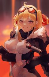 Rule 34 | 1girl, absurdres, ahoge, aragiken, asymmetrical hair, black bodysuit, black gloves, blonde hair, blurry, blurry background, bodysuit, breasts, closed mouth, commentary, dangle earrings, earrings, english commentary, eyewear on head, fur collar, gloves, hairband, hammer, highres, holding, holding hammer, holding mallet, hololive, hololive indonesia, jewelry, kaela kovalskia, looking at viewer, mallet, medium breasts, medium hair, orange-tinted eyewear, red-tinted eyewear, red eyes, red hairband, side ponytail, smile, solo, sunglasses, suspenders, tinted eyewear, two-tone bodysuit, upper body, virtual youtuber, white bodysuit, wrist cuffs