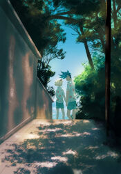 Rule 34 | 2boys, back, blue eyes, blue hair, blue shorts, bracelet, couple, dappled sunlight, day, eyewear on head, full body, galo thymos, green hair, height difference, highres, holding hands, jewelry, lio fotia, looking at another, louscribbles, male focus, matching outfits, mohawk, multiple boys, ocean, outdoors, print shirt, promare, shirt, short hair, short hair with long locks, shorts, sidelocks, smile, spiked hair, sunlight, tree, tree shade, white shirt, yaoi