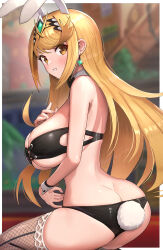 Rule 34 | 1girl, absurdres, animal ears, ass, blonde hair, blush, bow, bowtie, breasts, butt crack, cleavage, detached collar, dimples of venus, embarrassed, fake animal ears, fake tail, gonzarez, headpiece, highres, large breasts, leotard, long hair, looking at viewer, mythra (xenoblade), playboy bunny, rabbit ears, rabbit tail, solo, swept bangs, tail, tiara, traditional bowtie, very long hair, wrist cuffs, xenoblade chronicles (series), xenoblade chronicles 2, yellow eyes