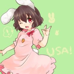 Rule 34 | 1girl, animal ears, bad id, bad pixiv id, brown hair, rabbit ears, inaba tewi, jewelry, one eye closed, open mouth, pendant, red eyes, short hair, solo, takamura, touhou, wink