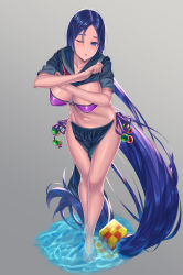 Rule 34 | absurdly long hair, absurdres, beads, bikini, black sailor collar, black serafuku, black shirt, black skirt, blush, breasts, choker, clothes lift, eyepatch bikini, fate/grand order, fate (series), full body, hair between eyes, highres, large breasts, legs, lifting own clothes, long hair, long skirt, low-tied long hair, minamoto no raikou (fate), minamoto no raikou (fate/grand order), minamoto no raikou (swimsuit lancer) (fate), minamoto no raikou (swimsuit lancer) (second ascension) (fate), neckerchief, one eye closed, open mouth, parted bangs, pleated skirt, purple bikini, purple eyes, purple hair, red neckerchief, sailor collar, school uniform, serafuku, shirt, shirt lift, short sleeves, side-tie bikini bottom, skirt, solo, swimsuit, takinashi (friend coffee), very long hair, water