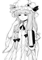 Rule 34 | 1girl, bags under eyes, book, bow, closed mouth, crescent, crescent hat ornament, dress, greyscale, hair bow, hat, hat ornament, hat ribbon, holding, holding book, long hair, long sleeves, maguro (mawaru sushi), mob cap, monochrome, neck ribbon, patchouli knowledge, ribbon, simple background, solo, striped clothes, striped dress, touhou, vertical-striped clothes, vertical-striped dress, white background, wide sleeves