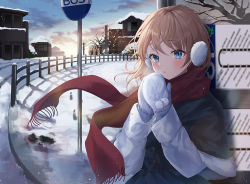 Rule 34 | 1girl, blue eyes, blush, breath, brown hair, building, bus stop, cloud, earmuffs, gloves, heeri, looking at viewer, medium hair, mittens, original, outdoors, parted lips, red scarf, scarf, sky, snow, solo, tree, winter, winter clothes