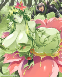 Rule 34 | 1girl, 3boys, alraune, alraune (monster girl encyclopedia), areola slip, armor, ass, bent over, blurry, blush, breast rest, breasts, bridal gauntlets, caught, censored, collarbone, colored skin, convenient censoring, defeat, depth of field, entangled, faceless, flower, full armor, giant, giantess, grass, green hair, green skin, haganef, hair flower, hair ornament, honey, huge breasts, knight, long hair, looking at another, lying, monster girl, monster girl encyclopedia, multiple boys, nude, on back, original, plant, plant girl, pointy ears, purple eyes, sidelocks, single bridal gauntlet, smile, sword, thighs, very long hair, vines, watermark, weapon