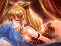 Rule 34 | 10s, 1girl, arm garter, bare shoulders, blonde hair, blush, bow, breasts, breath, detached collar, edobox, female masturbation, granblue fantasy, hair bow, heavy breathing, long hair, looking at viewer, lying, masturbation, on stomach, one eye closed, open mouth, ponytail, red eyes, solo, sweat, tears, trembling, vira (granblue fantasy)