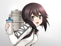 Rule 34 | 10s, 1girl, :d, blush, bottle, breasts, brown hair, giving, gym shirt, hair between eyes, harukigenia, hayasui (kancolle), holding, holding bottle, jacket, kantai collection, long sleeves, looking at viewer, looking to the side, machinery, open clothes, open jacket, open mouth, shirt, short hair, grey eyes, simple background, smile, solo, track jacket, upper body
