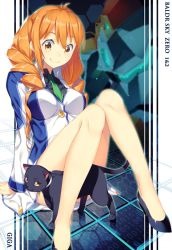 Rule 34 | 1girl, arm support, baldr sky, baldr sky zero, bare shoulders, black cat, breasts, cat, copyright name, drill hair, high heels, katou itsuwa, legs, long hair, marel, md5 mismatch, medium breasts, necktie, orange hair, sitting, smile, solo, twin drills, uniform, yellow eyes