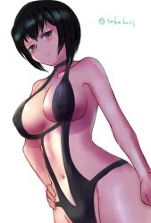 Rule 34 | 1girl, bad id, bad twitter id, black-framed eyewear, black choker, black eyes, black hair, black one-piece swimsuit, black slingshot swimsuit, blush, choker, closed mouth, commentary, cowboy shot, dutch angle, fang, frown, girls und panzer, half-closed eyes, hand on own hip, highres, kawashima momo, looking at viewer, monocle, navel, one-hour drawing challenge, one-piece swimsuit, semi-rimless eyewear, short hair, simple background, slingshot swimsuit, solo, standing, sweatdrop, swimsuit, takefu jiin, twitter username, under-rim eyewear, white background