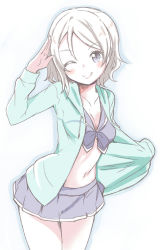 Rule 34 | &gt;;), 10s, 1girl, ;q, bikini, bikini top only, blue bikini, blue eyes, blue skirt, blush, breasts, cleavage, cowboy shot, front-tie top, green jacket, grey hair, hood, hood down, hooded jacket, itamochi, jacket, light blush, long sleeves, looking at viewer, love live!, love live! sunshine!!, medium breasts, miniskirt, muted color, one eye closed, pleated skirt, salute, short hair, simple background, skirt, solo, swimsuit, tongue, tongue out, v-shaped eyebrows, watanabe you, white background