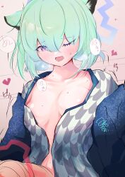 Rule 34 | 1girl, absurdres, animal ears, artist request, cat ears, green hair, heart, heart-shaped pupils, highres, naked shirt, one eye closed, open clothes, shirt, sweat, symbol-shaped pupils