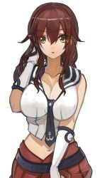 Rule 34 | 10s, 1girl, anchor symbol, belt, blush, braid, breasts, brown hair, cleavage, female focus, gloves, green eyes, kantai collection, large breasts, long hair, looking at viewer, midriff, navel, necktie, noshiro (kancolle), pleated skirt, pupps, school uniform, serafuku, simple background, skirt, solo, swept bangs, twin braids, white background, white gloves