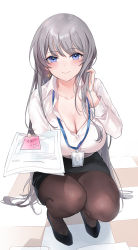 Rule 34 | 1girl, black footwear, black skirt, blue eyes, breasts, brown pantyhose, cleavage, collarbone, collared shirt, earrings, emyo, grey hair, hand up, highres, holding, id card, jewelry, lanyard, large breasts, long hair, long sleeves, looking at viewer, miniskirt, office lady, original, pantyhose, paper, pencil skirt, shirt, shoes, skirt, smile, solo, squatting, very long hair, white shirt