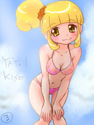 Rule 34 | 10s, 1girl, :3, alternate hairstyle, artist logo, bikini, blonde hair, blue sky, blush, breasts, character name, cleavage, cloud, collarbone, hands on own knees, kasuga rurito, kise yayoi, leaning forward, looking at viewer, medium breasts, navel, pink bikini, ponytail, precure, scrunchie, short hair, side ponytail, sky, smile, smile precure!, solo, swimsuit, yellow eyes