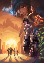 2boys 3girls absurdres aiming aiming_at_viewer animal_ears arcane:_league_of_legends arcane_jinx arcane_vi arm_on_another&#039;s_shoulder bandaged_arm bandaged_chest bandages black_hair black_pants black_shirt blue_hair braid clenched_teeth crop_top crying earrings facing_to_the_side fangs fangs_out finger_gun fingerless_gloves gloves glowing_body_fluid hand_on_own_arm helmet highres holding_hands isha_(arcane) jewelry jinx_(league_of_legends) league_of_legends long_hair looking_at_viewer looking_down mixed-language_commentary multicolored_hair multiple_boys multiple_girls multiple_pov pants pink_hair pointy_ears pov purple_pants shirt silco_(arcane) streaked_hair streaming_tears sunset tattoo tearing_up tears teeth twin_braids vander_(arcane) vander_(warwick)_(arcane) very_long_hair vi_(league_of_legends) walking werewolf wolf_boy wolf_ears yyc992