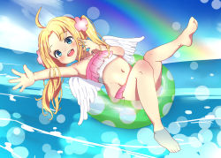 Rule 34 | 1girl, :d, alternate hairstyle, angel wings, bare arms, bare legs, bare shoulders, barefoot, bikini, blonde hair, blue eyes, blue sky, commentary request, day, feathered wings, filo (tate no yuusha no nariagari), flower, forehead, groin, hair flower, hair ornament, halterneck, highres, horizon, innertube, knee up, leg up, long hair, lying, navel, ocean, on back, open mouth, outdoors, outstretched arm, parted bangs, pink bikini, pink flower, round teeth, shiro hakuchou, sky, smile, solo, swim ring, swimsuit, tate no yuusha no nariagari, teeth, twintails, upper teeth only, water, white wings, wings