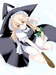 Rule 34 | 1girl, bad id, bad pixiv id, blonde hair, braid, broom, broom riding, female focus, from above, grin, hat, kirisame marisa, oyaji-sou, salute, side braid, simple background, smile, solo, touhou, witch, witch hat, yellow eyes