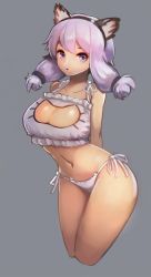 Rule 34 | 1girl, animal ears, arched back, bad id, bad pixiv id, breasts, cat cutout, cat ear panties, cat ears, cat lingerie, cleavage, cleavage cutout, clothing cutout, collarbone, cowboy shot, curvy, expressionless, fake animal ears, grey background, hairband, large breasts, looking at viewer, meme attire, navel, notte, original, panties, purple eyes, purple hair, short hair, side-tie panties, sidelocks, simple background, solo, standing, tareme, triangle mouth, underwear, underwear only, white panties