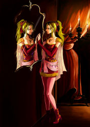 Rule 34 | 1990s (style), 1girl, bow, candle, cape, detached sleeves, final fantasy, final fantasy vi, green hair, hair bow, jewelry, mirror, mizumori, necklace, pantyhose, ponytail, reflection, skirt, solo, tina branford