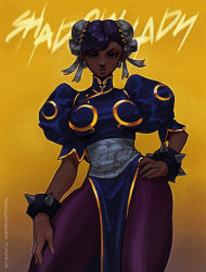 Rule 34 | 1girl, black hair, blue dress, bracelet, breasts, bun cover, capcom, character name, china dress, chinese clothes, chun-li, commentary, contrapposto, dark persona, double bun, dress, earrings, english commentary, eyeliner, hair bun, jewelry, large breasts, looking at viewer, maddestmao, makeup, marvel vs. capcom, pantyhose, pelvic curtain, puffy short sleeves, puffy sleeves, purple pantyhose, sash, shade, short hair, short sleeves, skull earrings, solo, spiked bracelet, spikes, street fighter, thick thighs, thighs, watermark, web address, wide hips