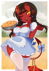 Rule 34 | 1girl, 2018, ;q, apple, apron, bad id, bad pixiv id, basket, black hair, blue dress, braid, breasts, cleavage, colored skin, commentary, cowboy shot, demon girl, demon tail, dirndl, dress, earrings, english commentary, feet out of frame, food, freckles, fruit, german clothes, heart, heart necklace, highres, horns, jewelry, long braid, long hair, low-tied long hair, medium breasts, meruccubus (merunyaa), merunyaa, mole, mole under eye, multicolored eyes, naughty face, necklace, one eye closed, oni horns, original, pie, pixiv username, plaid, pointy ears, prehensile tail, red eyes, red skin, short eyebrows, signature, solo, tail, thighhighs, tongue, tongue out, tooth gap, twin braids, unmoving pattern, waist apron, white thighhighs, yellow eyes