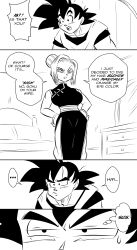 Rule 34 | ..., 1boy, 1girl, absurdres, alternate hairstyle, android 18, bed, chest of drawers, chi-chi (dragon ball), chi-chi (dragon ball) (cosplay), china dress, chinese clothes, comic, commentary, cosplay, dougi, dragon ball, dragonball z, dress, earrings, english commentary, english text, frown, funsexydb, greyscale, hair bun, hands on own hips, highres, jewelry, monochrome, pants, pants under dress, single hair bun, son goku, spoken ellipsis, squinting, sweatdrop