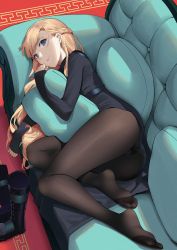Rule 34 | 1girl, absurdres, black footwear, black pantyhose, black shirt, blonde hair, blue eyes, boots, unworn boots, braid, carpet, commentary request, copyright request, couch, earrings, feet, highres, holding, holding pillow, indoors, jewelry, long hair, looking at viewer, lying, no shoes, hugging object, on side, pantyhose, pillow, pillow hug, shirt, smile, thighs, toes, very long sleeves, yonoki