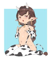 Rule 34 | 1girl, animal print, breasts, cleavage, cow horns, cow print, earrings, granblue fantasy, haaselia, harvin, horns, jewelry, sitting, small breasts, solo, thighhighs, yggsil