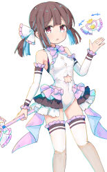 Rule 34 | +++, 1girl, :o, alternate costume, bare shoulders, blue hair, blunt bangs, breasts, brown hair, clothing cutout, colored inner hair, commentary, covered navel, detached sleeves, dot nose, feet out of frame, frilled sleeves, frilled thighhighs, frills, hand up, heart, highres, holding, holding wand, hozuki momiji, leaf cutout, leotard, long sleeves, looking at viewer, magical girl, multicolored hair, onii-chan wa oshimai!, open mouth, red eyes, short hair, showgirl skirt, simple background, skirt, small breasts, solo, stomach cutout, tetesudeesu, thighhighs, two-tone hair, wand, white background, white leotard, white thighhighs