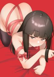 Rule 34 | 1girl, all fours, ass, black eyes, black hair, black thighhighs, blunt bangs, blush, bow, breasts, hatsuyuki (kancolle), highres, kantai collection, long hair, naked ribbon, pink ribbon, playing with own hair, red background, ribbon, sakieko, small breasts, solo, thighhighs